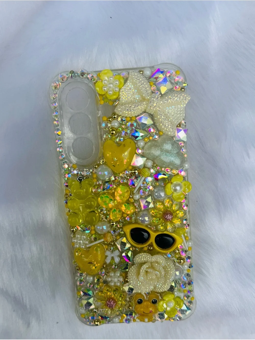Decorative Yellow Bling Phone Case with Pearls & Rhinestones